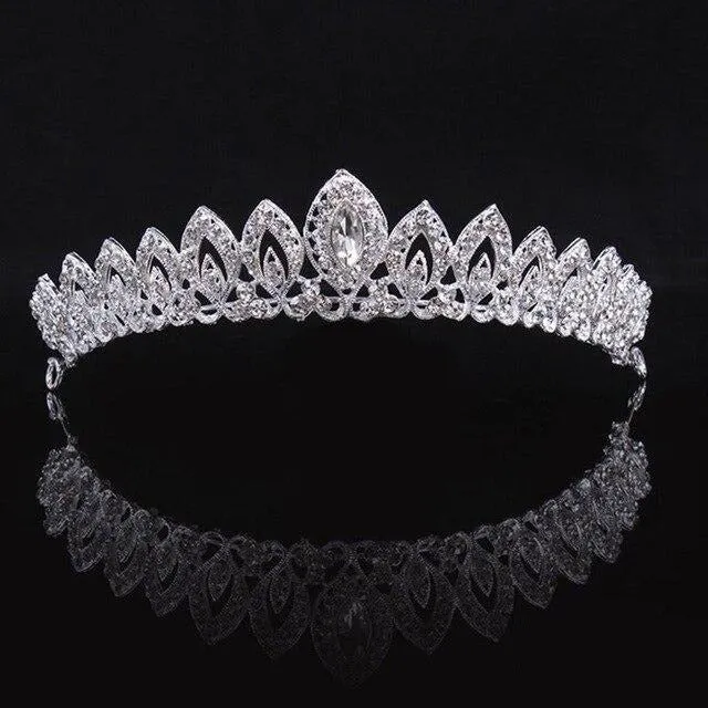 Silver and White Crystal Tiara Crown with Pearls and Flower Diadem