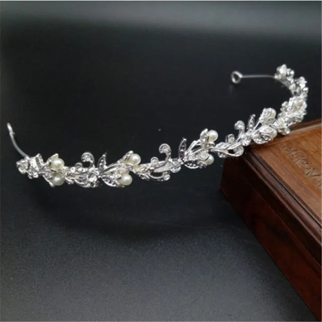 Silver and White Crystal Tiara Crown with Pearls and Flower Diadem