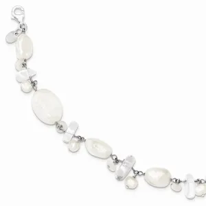 Sterling Silver Moonstone Fw Cult Pearl Rockqtz White Bracelet