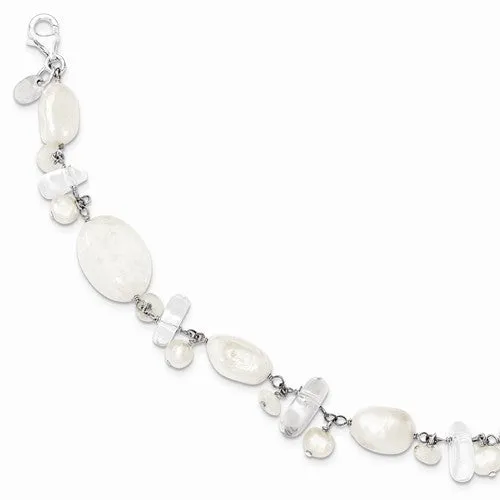 Sterling Silver Moonstone Fw Cult Pearl Rockqtz White Bracelet