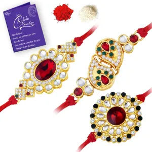 Sukkhi Resplendent Gold Plated Kundan Rakhi Combo (Set of 3) with Roli Chawal and Raksha Bandhan Greeting Card For Men