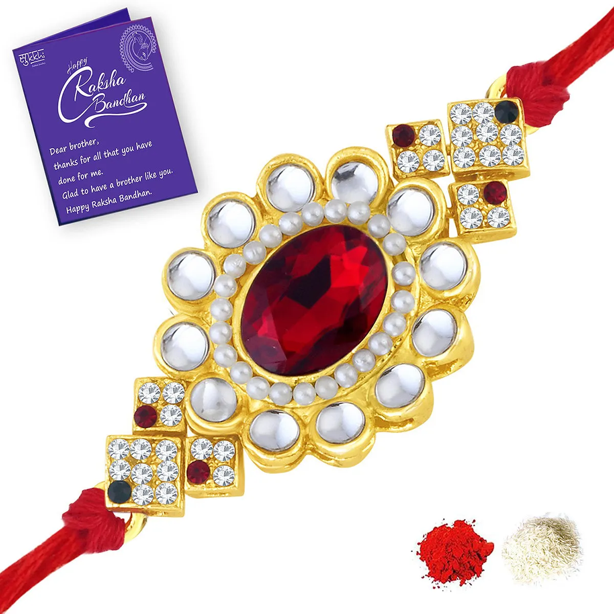 Sukkhi Resplendent Gold Plated Kundan Rakhi Combo (Set of 3) with Roli Chawal and Raksha Bandhan Greeting Card For Men