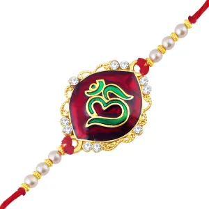 Sukkhi Resplendent Gold Plated Meenakari OM Designed Rakhi with Roli chawal and Greeting Card