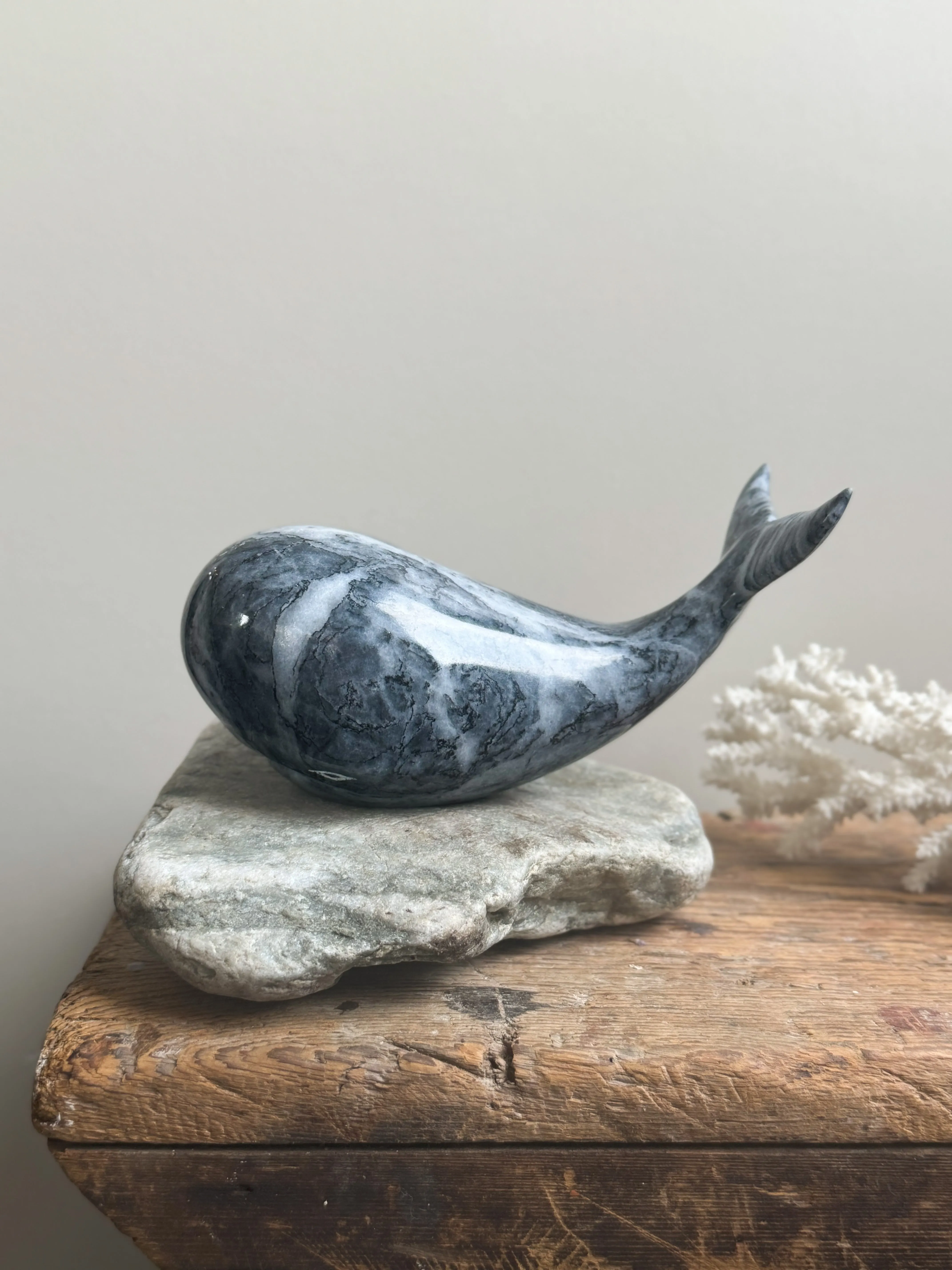 Vintage Hand-Carved & Polished Black Onyx Whale