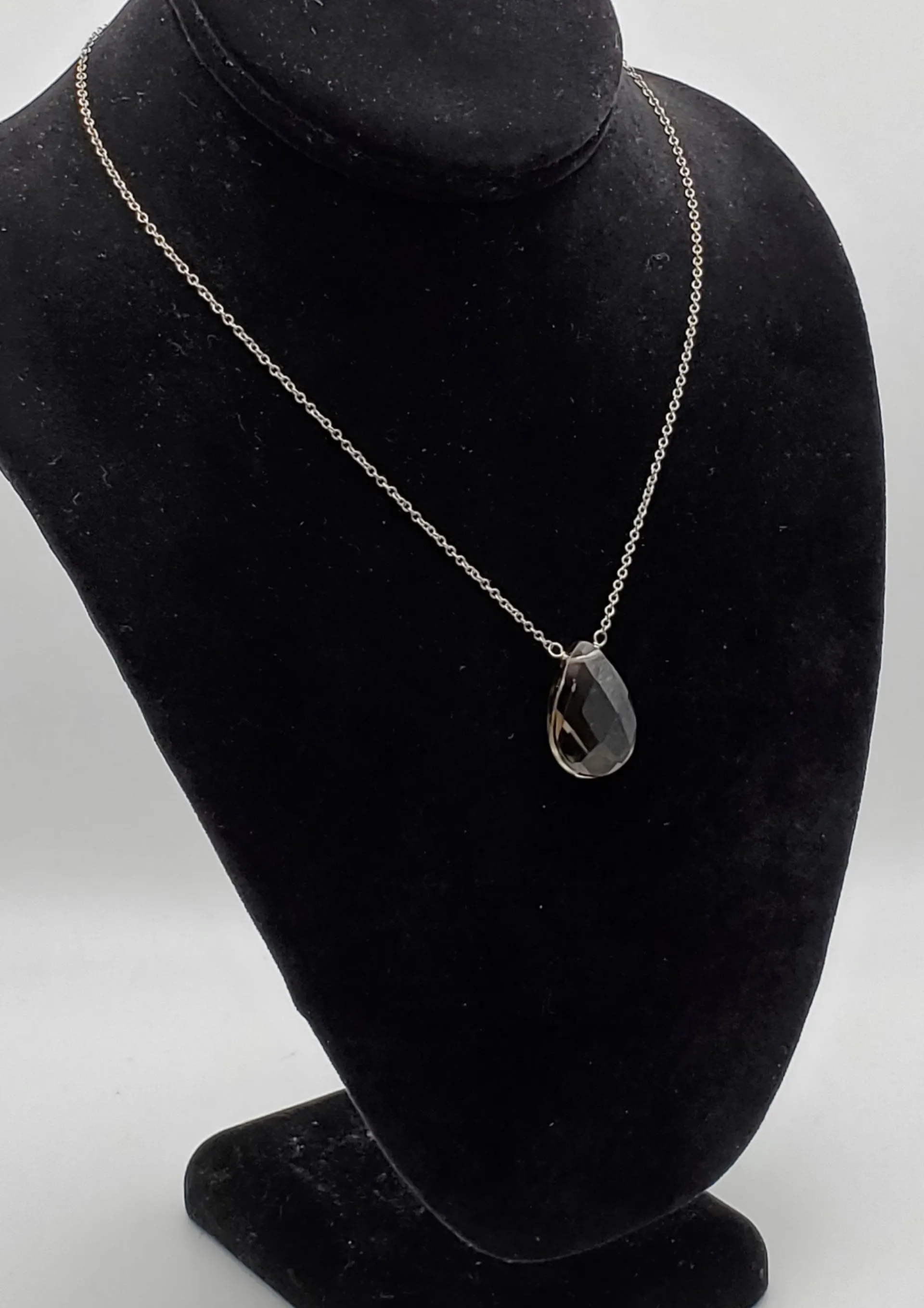Vintage Smoky Quartz Faceted Teardrop Pendant Chain Necklace - 16.5"