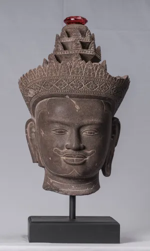 Vishnu Statue - Antique Banteay Srei Style Stone Mounted Khmer Vishnu Head - 56cm / 22"