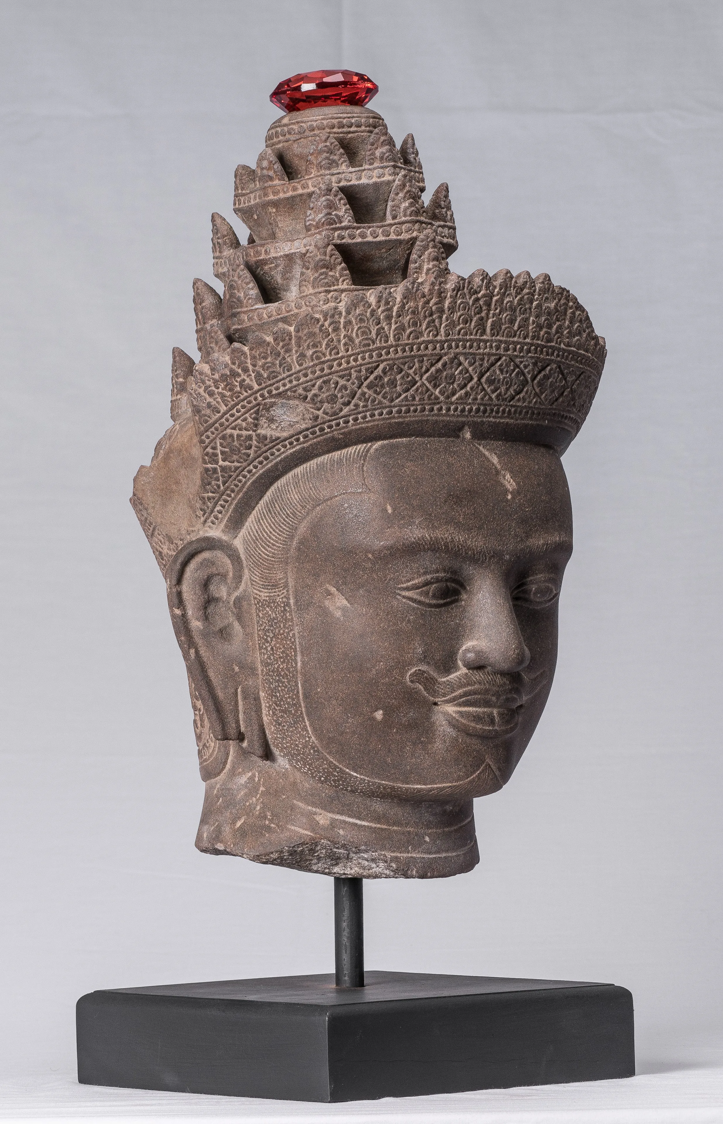 Vishnu Statue - Antique Banteay Srei Style Stone Mounted Khmer Vishnu Head - 56cm / 22"