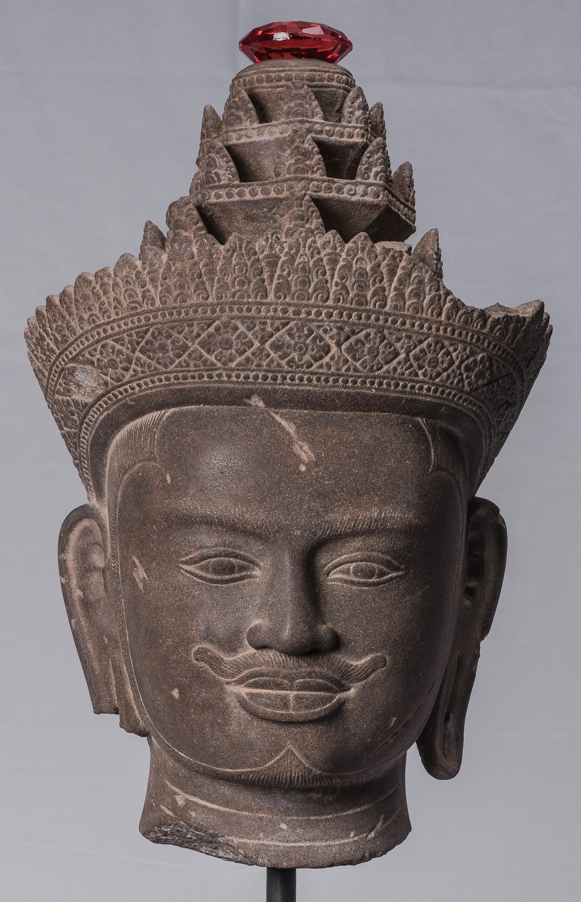 Vishnu Statue - Antique Banteay Srei Style Stone Mounted Khmer Vishnu Head - 56cm / 22"
