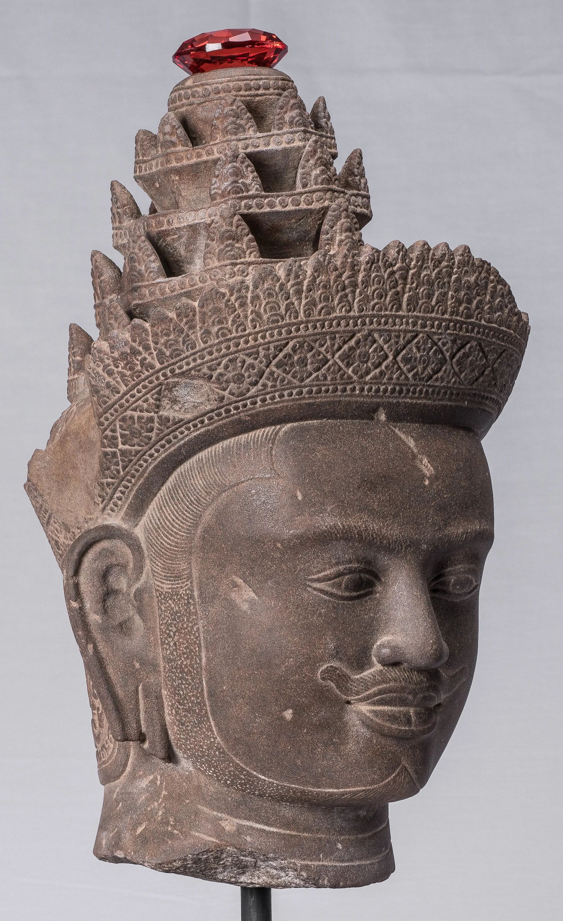 Vishnu Statue - Antique Banteay Srei Style Stone Mounted Khmer Vishnu Head - 56cm / 22"