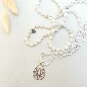 White Lotus Gemstone Mala with 108 White Jade and Quartz Beads