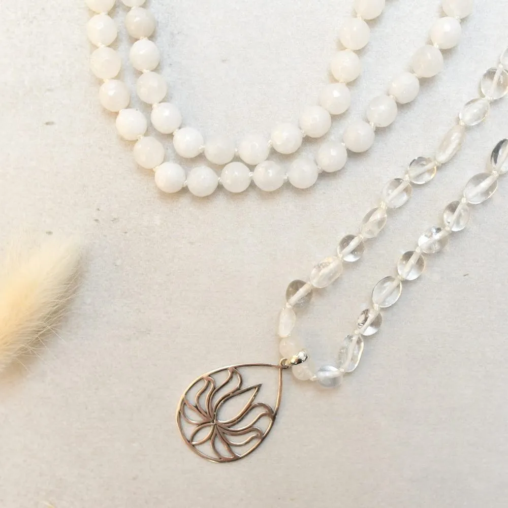 White Lotus Gemstone Mala with 108 White Jade and Quartz Beads