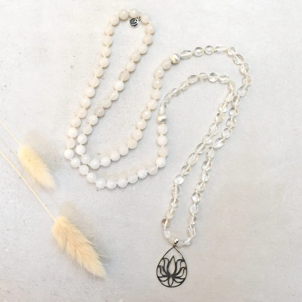 White Lotus Gemstone Mala with 108 White Jade and Quartz Beads