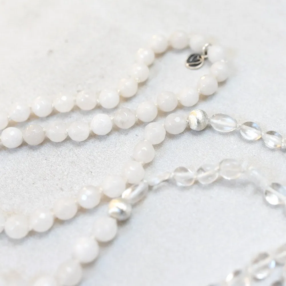 White Lotus Gemstone Mala with 108 White Jade and Quartz Beads